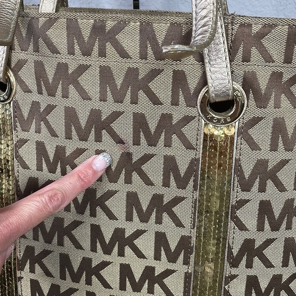 Michael Michael Kors Sequin Gold Tan Logo Large Shopper Tote Bag - Picture 3 of 13
